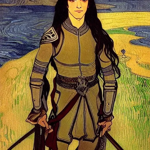 Prompt: portrait painting of young handsome beautiful paladin elf!! man with long! wavy dark hair in his 2 0 s named taehyung minjun at the blueberry party, wearing armor!, long hair, elf ears, blue eyes, blueeyes!, elegant, delicate, soft facial features, art, art by alphonse mucha, vincent van gogh, egon schiele,