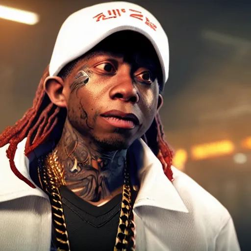 Image similar to a videogame still of Lil Wayne in Tekken 7, portrait, 40mm lens, shallow depth of field, close up, split lighting, cinematic