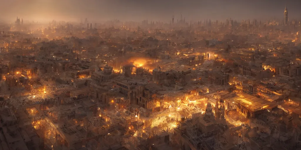 Image similar to Islamic city, beautiful dynamic lighting, cinematic, wide angle establishing shot, extremely high detail, photo realistic, cinematic lighting, post processed, concept art, artstation, matte painting, style by eddie mendoza, raphael lacoste, alex ross, volumetric lighting, light rays, photorealistic, ultrarealistic, moody, coronarender, 8k