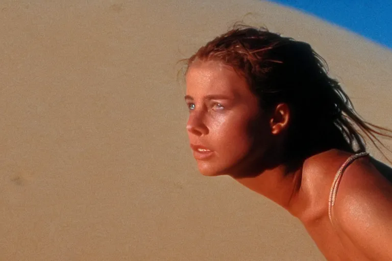 Image similar to a cinematic headshot portrait of a bikini girl in the movie dune, in a serene vast desert, film still, cinematic, movie still, dramatic lighting, 1 6 : 9 ratio