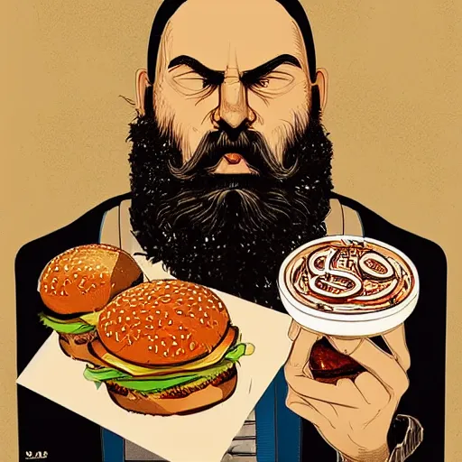 Image similar to beard man angry with italian burger. symmetrical anatomy, hyperdetailed, digital art, baroque, pop punk art style, poster style, illustration, fantasy, full body pictures, without duplication, dribble popular, unreal engine, drawn by ilya kuvshinov and vinicius gud and gustavo zambelli, intricate, balance rendered.