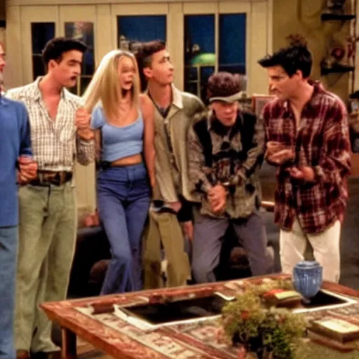 Image similar to a film still of the episode of the sitcom 'Friends' when they sacrificed Joey on a make-shift alter in the appartment