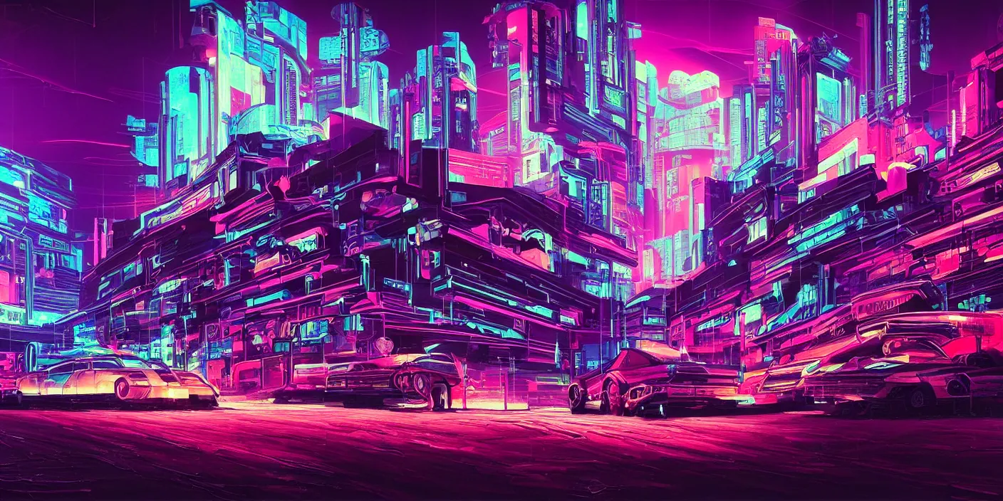 Image similar to the school of athenes iconic paiting, cyberpunk, synthwave, outrun, neon, hyper detailed