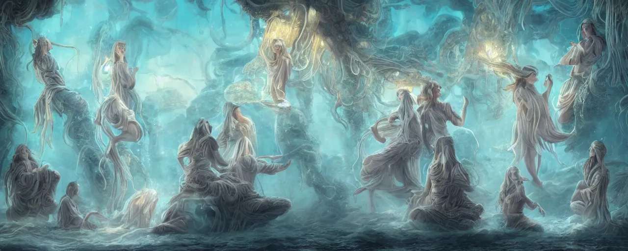 Prompt: A painting of priestesses worshipping at the jellyfish temple, shrouded in mist, jellyfish god, 8K, illustration, by Justin Cheung and ArtGerm and Stéphane Roux, smoke, cinematic, insanely detailed and intricate, hypermaximalist, elegant, super detailed, award-winning, chartreuse and cyan, mysterious, ancient, ritual, ethereal, trending in cgsociety, artstation HQ, ornate, elite, haunting, matte painting, beautiful detailed, insanely intricate details, artstation trending