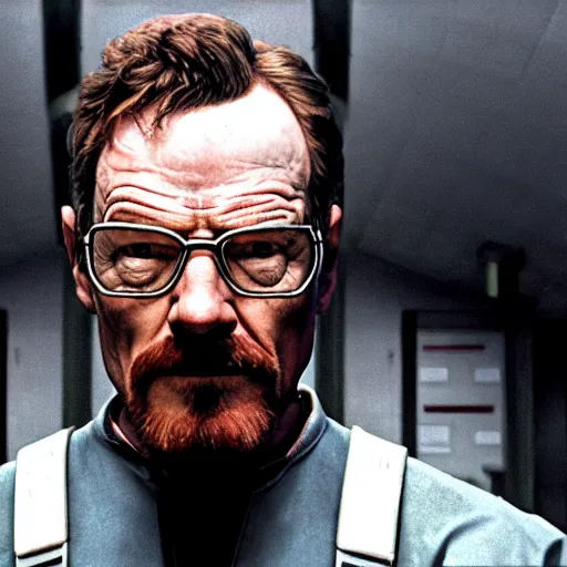 Image similar to Bryan Cranston as Gordon Freeman, film still from Half-Life movie, full body, centered, detailed, 4k