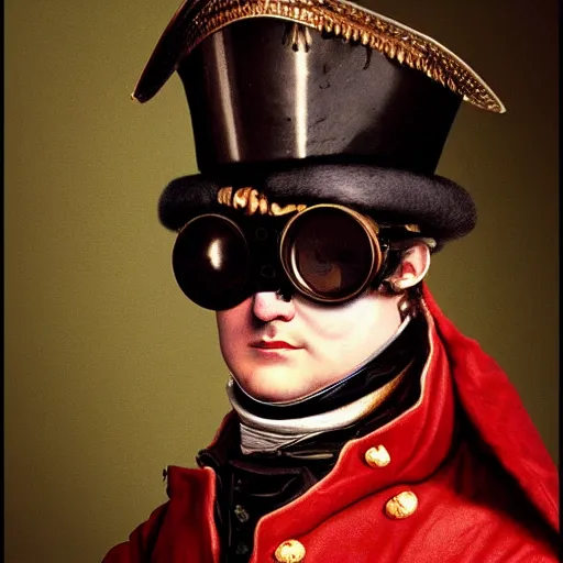 Image similar to realistic photo of napoleon wearing big steampunk googles, photo by gustave baumann