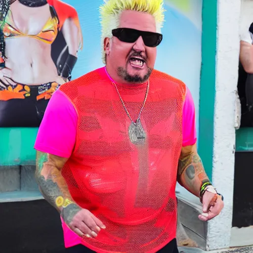 Image similar to guy fieri wearing a neon colored mesh crop top and pit vipers