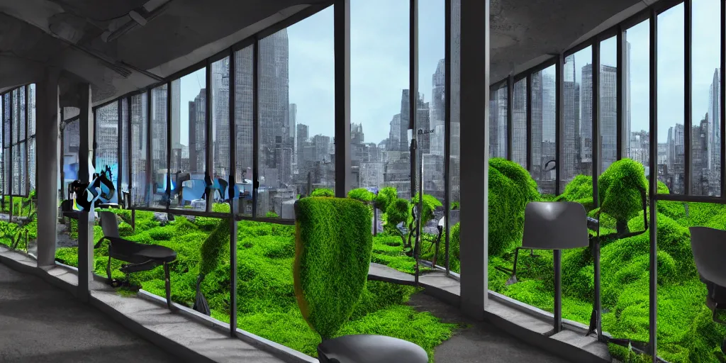 Image similar to an office with moss chairs, windows of an over grown city in the background hyper realistic digital art