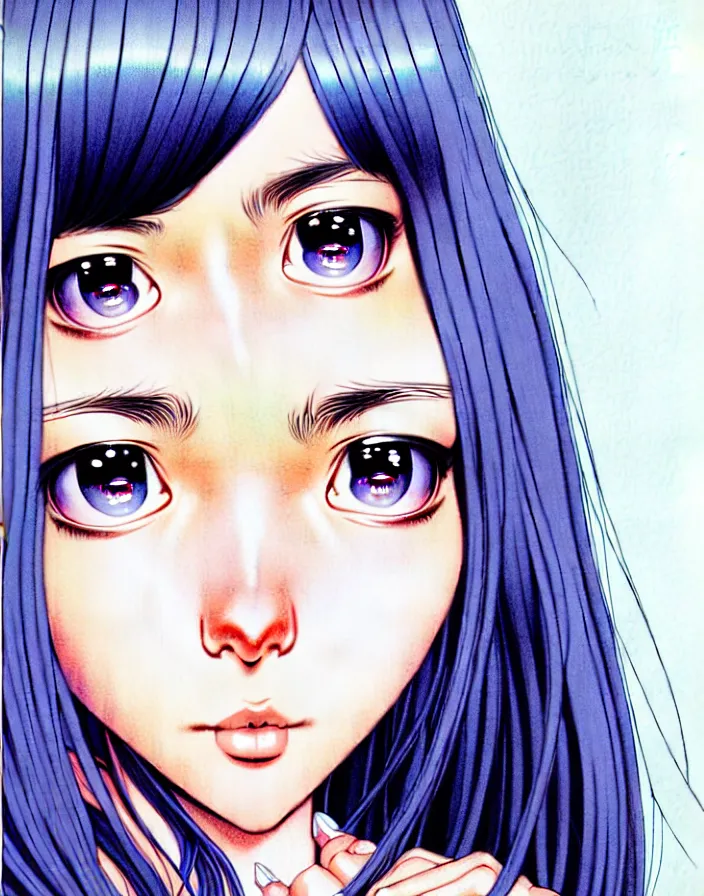 Image similar to extremely detailed color ink pen  illustration depicting an extreme close up face of a dainty young truant female stoner prep highschool school student with medium length silky straight iridescent black hair and lightly suntanned skin, illustrated by Artgerm and Range Murata.