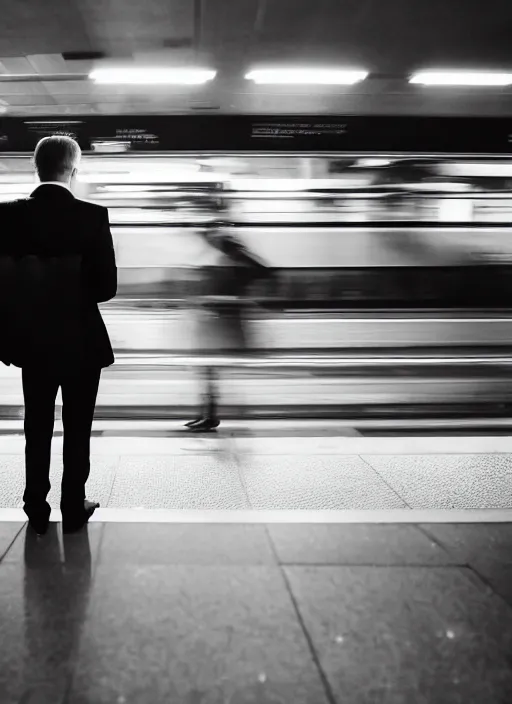 Image similar to a 2 8 mm macro photo from the back of a businessman standing on a subway platform, splash art, movie still, bokeh, canon 5 0 mm, cinematic lighting, dramatic, film, photography, golden hour, depth of field, award - winning, anamorphic lens flare, 8 k, hyper detailed, 3 5 mm film grain