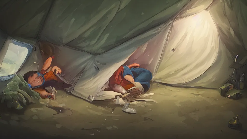 Prompt: an illustration of a teenage kid in a tent, drunk and vomiting all around his tent, fisheye lens, high contrast, highly detailed, sharp focus, digital painting, 3 d art, illustration, trending on artstation,