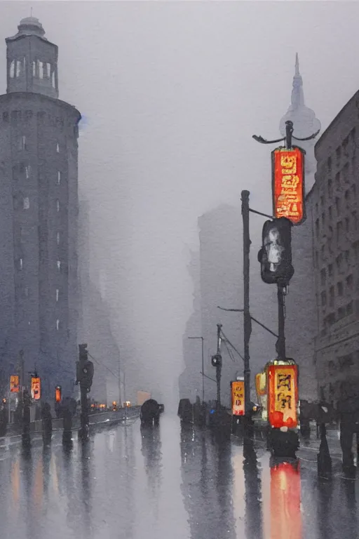 Image similar to A watercolor about the Bund in modern Shanghai, wet street, cloudy, gloomy, poignant, high contrast, smooth, by Joseph Zbikowicz, 8k