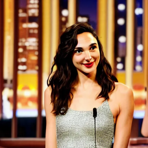 Prompt: gal gadot answering a question on a tv late night show