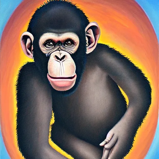 Image similar to portre of an autistic demonic chimpanzee on acid, masonic and kabalistic symbols in background, oil painting