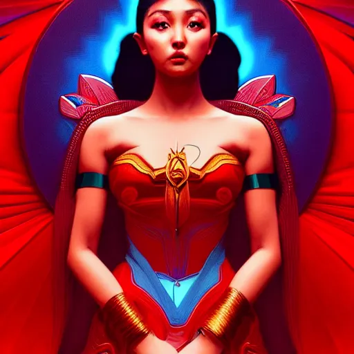 Image similar to nadine lustre as darna, volumetric lights, red and cyan theme, art nouveau botanicals, intricate, highly detailed, digital painting, artstation, concept art, smooth, sharp focus, cinematic, illustration, beautiful face, art by artgerm and greg rutkowski and alphonse mucha