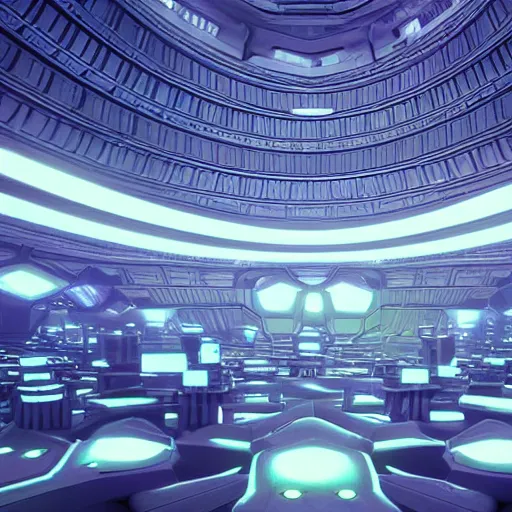 Prompt: detailed futuristic utopian fantasy, futuristic natural beauty, artstation style, honeycomb halls, interior, futuristic government chambers, very large hall with many cubicles of desks and chairs arranged in circles, many computer screens, soft lamp illumination and multiple doorways, synthwave, futuristic utopian architecture