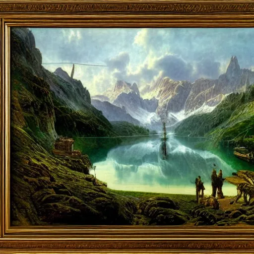 Image similar to a beautiful and highly detailed matte painting of a beautiful lake deep in the mountains, intricate details, epic scale, insanely complex, 8 k, sharp focus, hyperrealism, very realistic, by caspar friedrich, james gurney, brian froud,