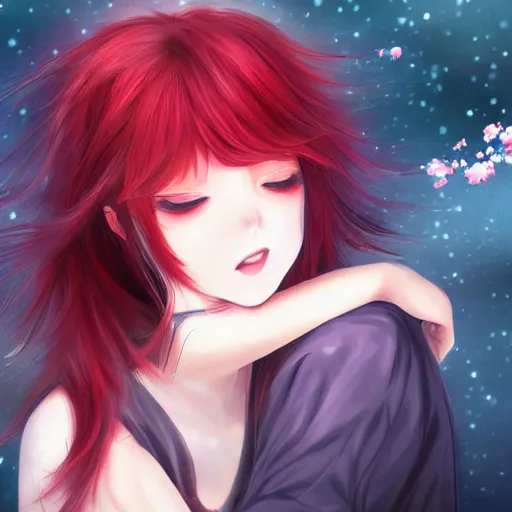 Image similar to infp anime girl with red hair, gratefully hugging the ai, atmospheric, hyper detailed digital art