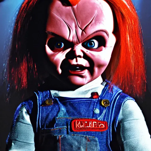 Prompt: Chucky the killer doll from the movie Child's Play demonic scary creepy movie still 8k hdr scary lighting