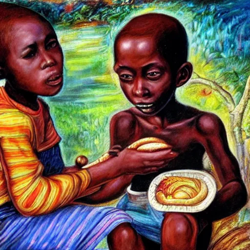 Prompt: oil painting of a malnourished ugandan boy sharing bread with a blond well fed child, by josephine wall american