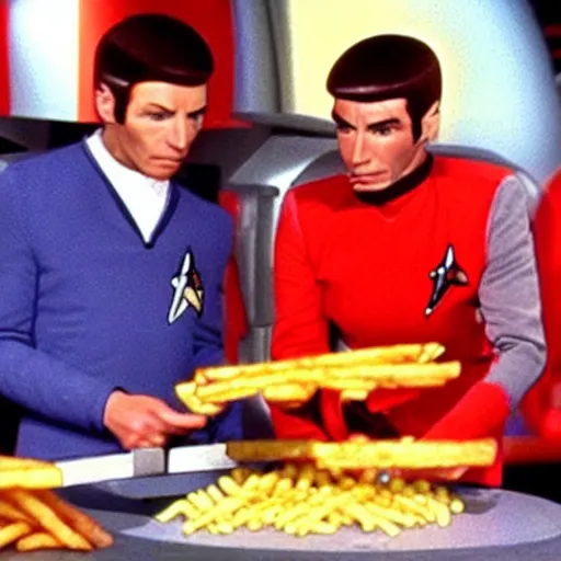 Image similar to anthropomorphic French Fries fighting star trek engineers, still from star trek