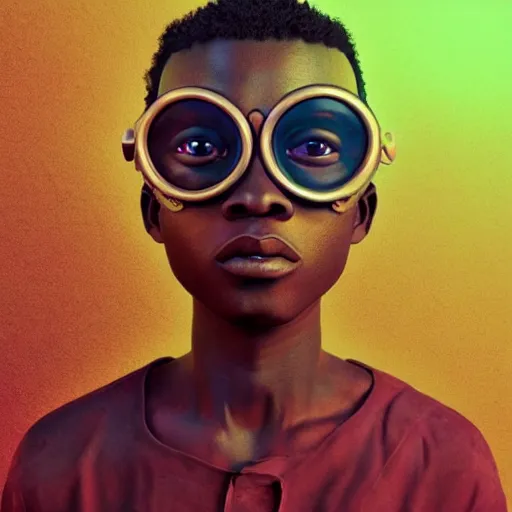 Prompt: colourful vfx portrait - art of a nigerian boy wearing steam punk goggles, art by utagawa kunisada & james jean, digital illustration, digital render, volumetric light, ray tracing, symmetrical, unreal engine, octane 3 d render, sharp, detailed, highly detailed, intricate detail, pinterest, behance, art station,