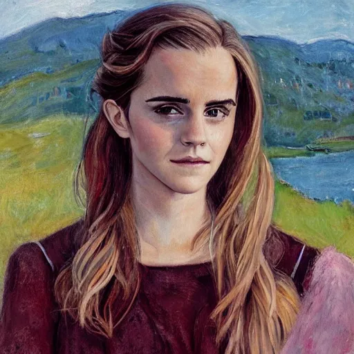 Image similar to a portrait of emma watson in a scenic environment by amiet cuno