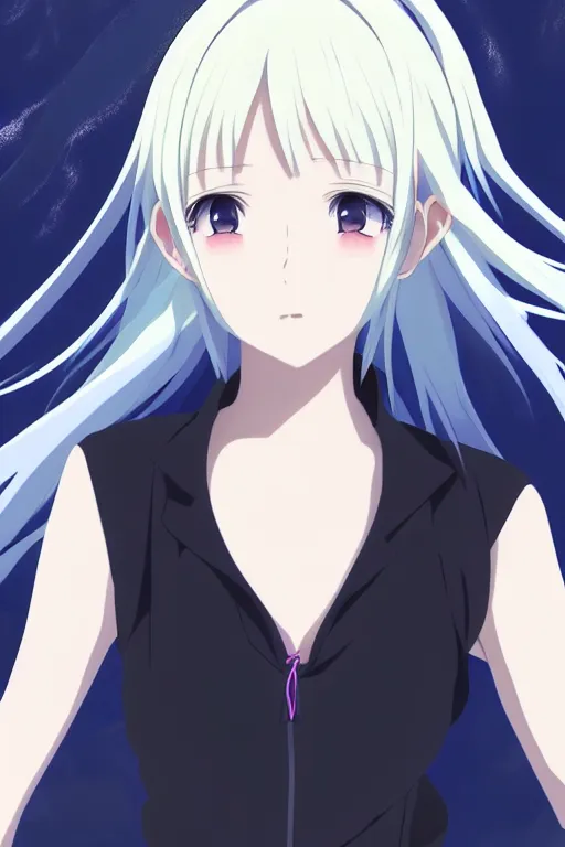 Image similar to anime art full body portrait character concept art, anime key visual of elegant young female, platinum blonde straight bangs and large eyes, finely detailed perfect face delicate features directed gaze, laying on back near a waterfall, arms crossed behind head, trending on pixiv fanbox, studio ghibli, extremely high quality artwork