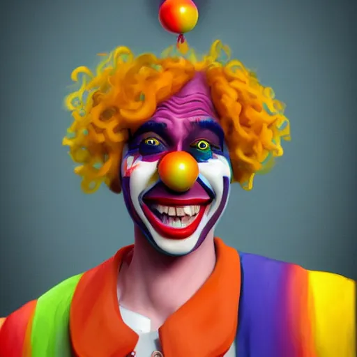 Prompt: Portrait of a colorful happy joyful funny clown, artstation, cgsociety, masterpiece