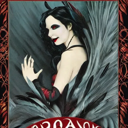 Image similar to dark swan queen, black hair, black feathers instead of hair, gothic, red lips, feathers growing out of skin, black fingers with black claws, bird feet, black bodysuit, disney villain, dark fae, moulting, suspended in zero gravity, on spaceship with cables hanging down, highly detailed, mucha, mike mignogna, comic book, illustration