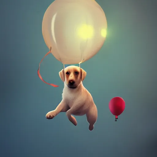 Prompt: puppy high in the air holding balloons, 8k, fantasy, intricate, cinematic lighting, highly detailed, digital painting, artstation, concept art, smooth, sharp focus, illustration, by Pixar