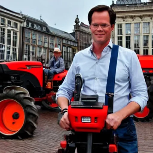 Image similar to mark rutte driving a tractor, as farmer, on dam square