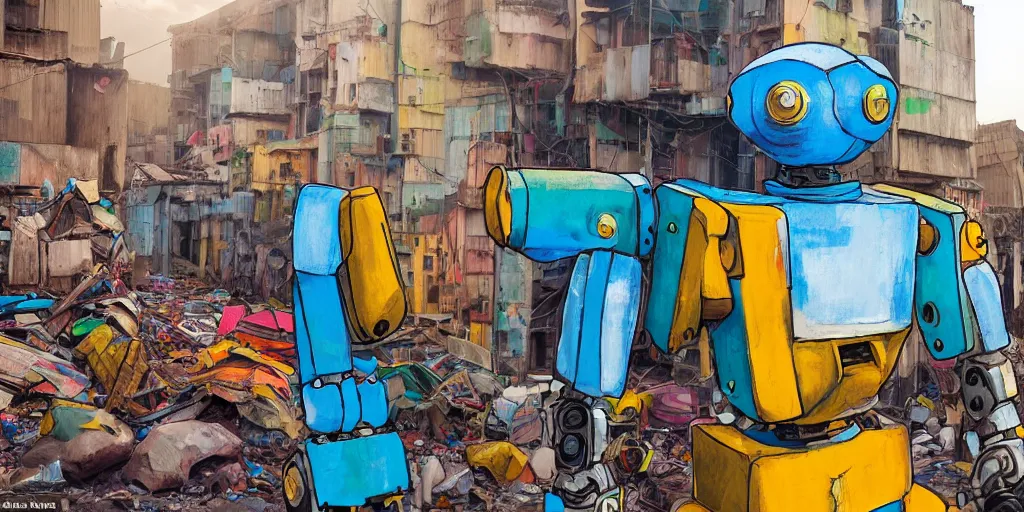 Image similar to colourful - damaged - giant mecha ROBOT of AJEGUNLE SLUMS in Lagos, markings on robot, Golden Hour, in the style of studio ghibli,