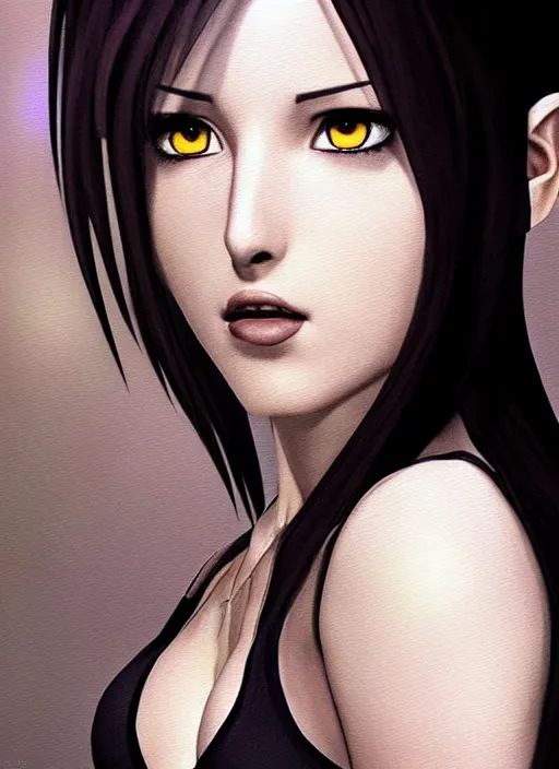 Image similar to elegant Tifa Lockhart stares intently at you. ultra detailed painting at 16K resolution and epic visuals. epically surreally beautiful image. amazing effect, image looks crazily crisp as far as it's visual fidelity goes, absolutely outstanding. vivid clarity. ultra. iridescent. mind-breaking. mega-beautiful pencil shadowing. beautiful face. Ultra High Definition. processed twice. polished marble.