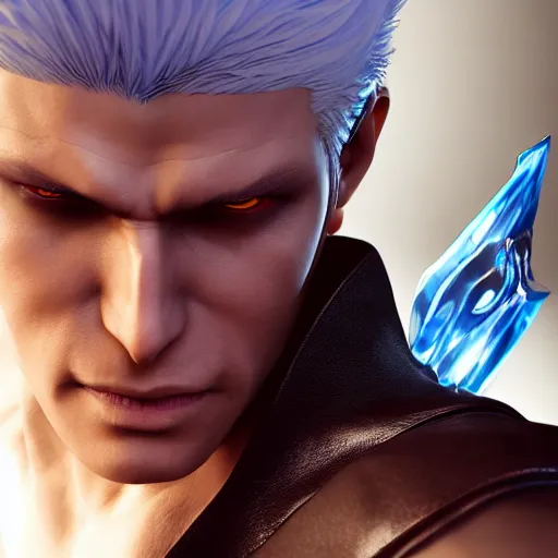 Image similar to vergil from devil may cry, 4k, octane render, artgerm, sakimichan, artstation, cgsociety, highly detailed face, sharp focus, ambient occlusion, high contrast,