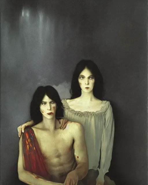 Image similar to a beautiful and eerie baroque painting of a brother and sister who are beautiful but creepy, wearing pale linen, with haunted eyes and dark hair, 1 9 7 0 s, seventies, wallpaper, a little blood, morning light showing injuries, delicate embellishments, painterly, offset printing technique, by brom, robert henri, walter popp