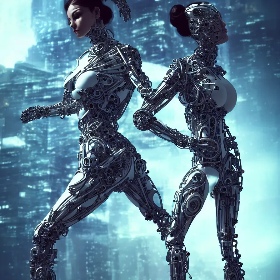 Prompt: full lenght shot, super hero pose, woman in biomechanical dress, inflateble shapes, wearing epic bionic cyborg implants, masterpiece, intricate, biopunk futuristic wardrobe, highly detailed, artstation, concept art, background galaxy, cyberpunk, octane render