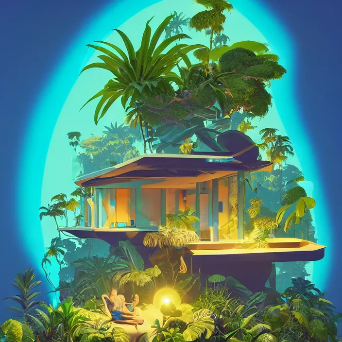 Image similar to a luminescent tropical cottage by paolo eleuteri serpieri and tomer hanuka and chesley bonestell and daniel merriam and tomokazu matsuyama, unreal engine, high resolution render, featured on artstation, octane, 8 k, highly intricate details, vivid colors, vector illustration