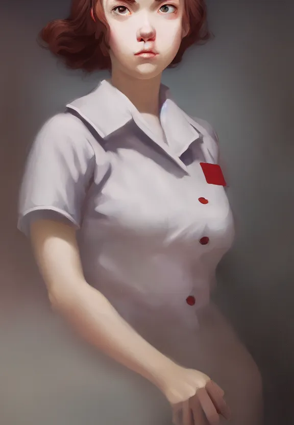 Image similar to a portrait of a tired female nurse in world war 2, 1 9 4 0 setting, sad colors, soft lighting, atmospheric, cinematic, moody, in the style of ilya kuvshinov, range murata, luiz escanuela, alyssa monk, hyperrealism, rule of thirds, oil on canvas, 8 k