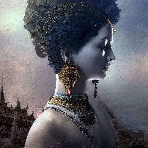 Prompt: double exposure portrait of a beautiful short dark haired feminine queen looking away, over the desertic city of a thousand temples, by leonard de vinci, digital art