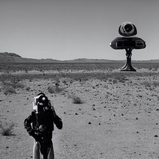 Image similar to a friendly alien in the desert, spaceship in background, arriflex lens