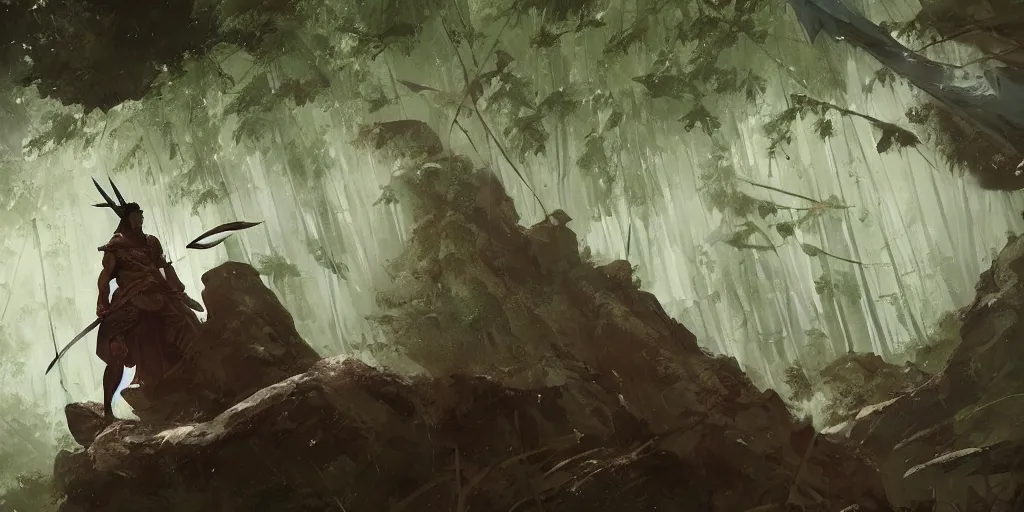 Image similar to hyper realistic yasuo the ancient swordsman gazing upon the world he has created while its raining in a bamboo forest, greg rutkowski, brom, james gurney, mignola, craig mullins, alan lee