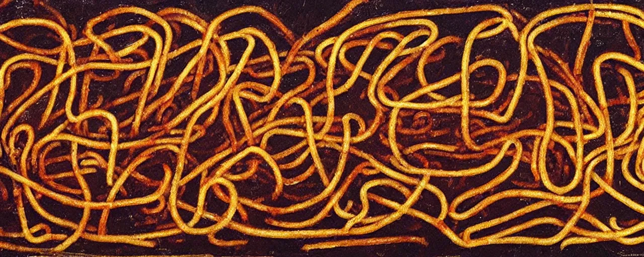 Image similar to ancient cave drawings of spaghetti, in the style of lascaux, fine detail,