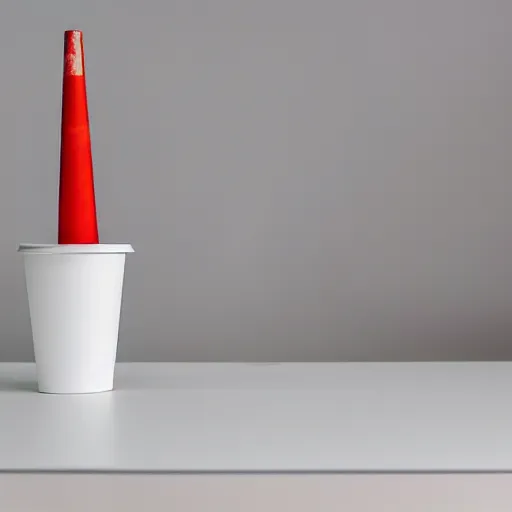 Image similar to an ultra high definition professional studio photograph, 5 0 mm f 1. 4 iso 1 0 0. the photo is set in a plain empty white studio room with a plain white plinth centrally located. the photo depicts a red cup on the plinth in the centre of the image. three point light.