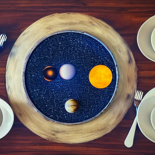 Image similar to the planetary system made our of food on a cafe table, photography, 4 k photo