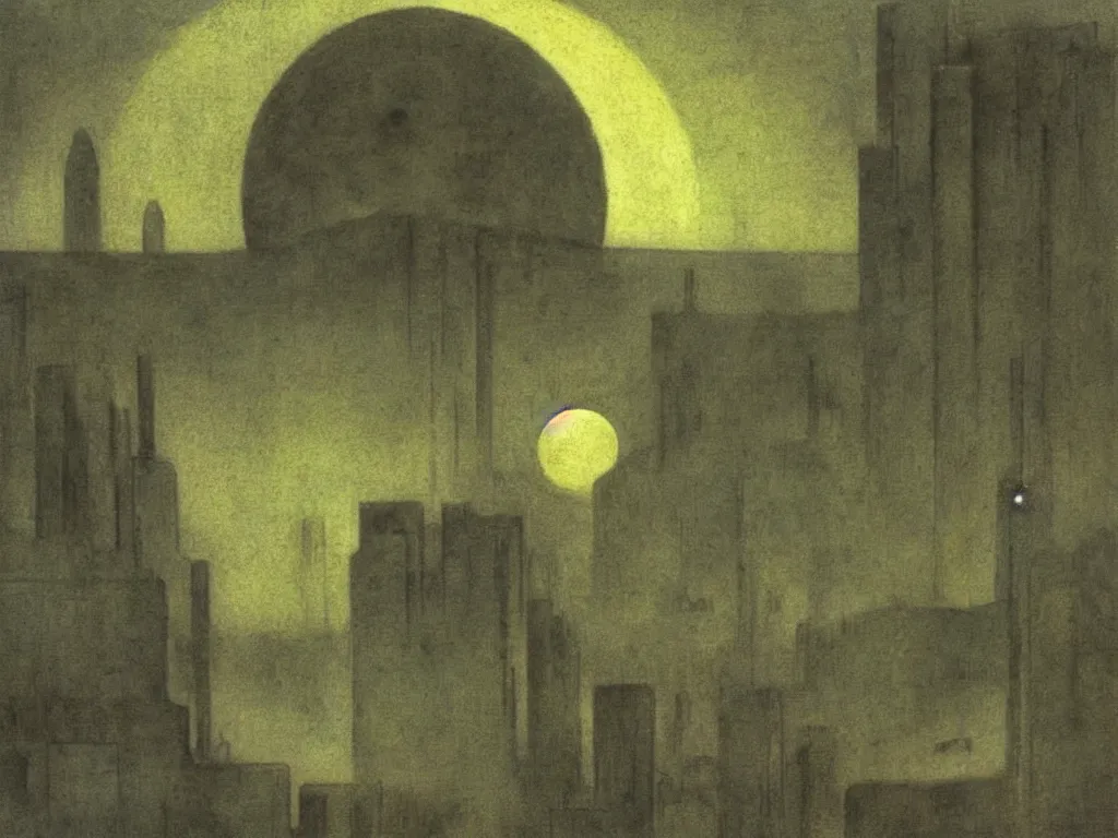 Image similar to Alien brutalist metropolis on the surface of the sun. Painting by Alfred Kubin, Roger Dean