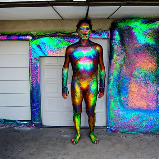 Image similar to a human standing in his garage, he is covered with iridescent bodypaint, shells and barnacles