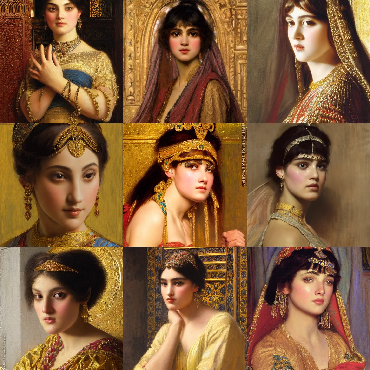 Prompt: orientalism face detail of a beautiful princess with bangs in a palace by edwin longsden long and theodore ralli and nasreddine dinet and adam styka, masterful intricate art. oil on canvas, excellent lighting, high detail 8 k