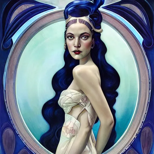Image similar to an art nouveau, ( streamline moderne ), multi - racial portrait in the style of anna dittmann and donato giancola and chanthara. very large, clear, expressive, and intelligent eyes. centered, ultrasharp focus, dramatic lighting, photorealistic digital matte painting, intricate symmetrical ultra detailed background.