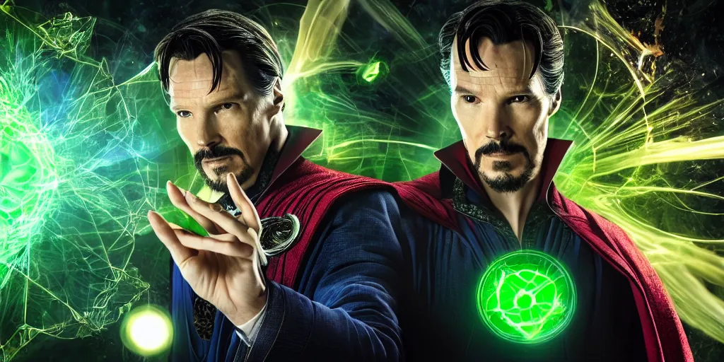 Prompt: doctor strange in black suit, marijuana, marijuana leaves, green light,, multiple dimensions, shattered glass, refractions, highly detailed, cinematic by francis tneh, marvel cinematic universe, mcu, photo